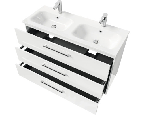 Waschtischunterschrank mit zwei Waschbecken und offenen Schubladen