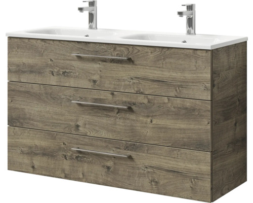 Badmöbel-Set Pelipal Sunline 121 BxHxT 121 x 74 x 46 cm Frontfarbe Eiche ribbeck mit Mineralguss-Doppelwaschtisch und Waschtischunterschrank 3 Schubkästen Waschtischunterschrank mit drei Schubladen und Doppelwaschbecken