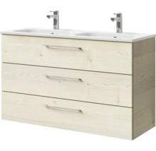 Badmöbel-Set Pelipal Sunline 121 BxHxT 121 x 74 x 46 cm Frontfarbe Polar Pinie mit Mineralguss-Doppelwaschtisch und Waschtischunterschrank 3 Schubkästen