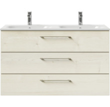 Badmöbel-Set Pelipal Sunline 121 BxHxT 121 x 74 x 46 cm Frontfarbe Polar Pinie mit Mineralguss-Doppelwaschtisch und Waschtischunterschrank 3 Schubkästen