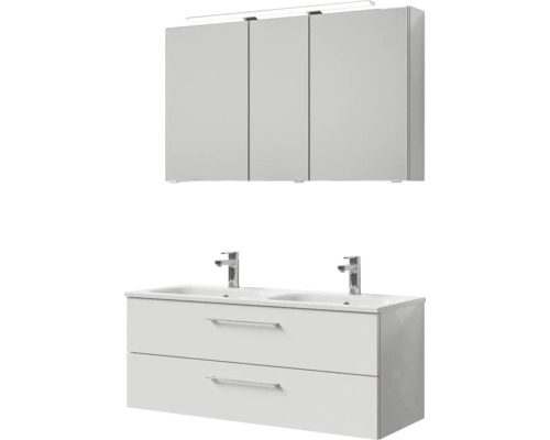 Badmöbel-Set Pelipal Sunline 121 BxHxT 121 x 200 x 46 cm Frontfarbe weiß hochglanz mit Mineralguss-Doppelwaschtisch Waschtischunterschrank und Spiegelschrank mit LED-Beleuchtung Badezimmermöbel-Set mit Spiegelschrank, zwei Waschbecken und Unterschrank