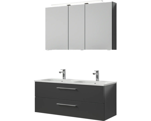 Badmöbel-Set Pelipal Sunline 121 BxHxT 121 x 200 x 46 cm Frontfarbe anthrazit mit Mineralguss-Doppelwaschtisch Waschtischunterschrank und Spiegelschrank mit LED-Beleuchtung Waschtisch mit zwei Waschbecken, Unterschrank mit zwei Schubladen und Spiegelschrank mit drei Türen und Beleuchtung