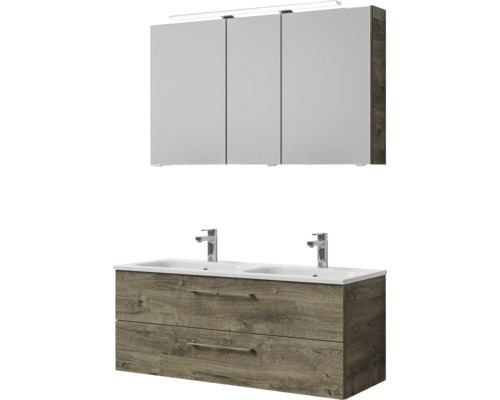 Badmöbel-Set Pelipal Sunline 121 BxHxT 121 x 200 x 46 cm Frontfarbe Eiche ribbeck mit Mineralguss-Doppelwaschtisch Waschtischunterschrank und Spiegelschrank mit LED-Beleuchtung Waschtisch mit zwei Waschbecken und Spiegelschrank mit drei Türen