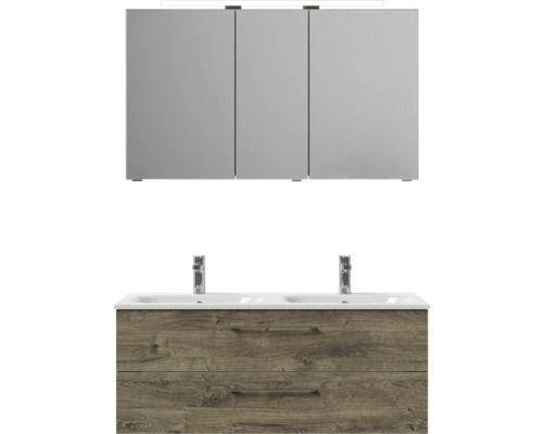 Badezimmerset mit Spiegelschrank, Doppelwaschtisch und Holzunterschrank