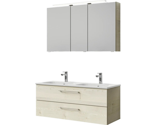 Badmöbel-Set Pelipal Sunline 121 BxHxT 121 x 200 x 46 cm Frontfarbe Polar Pinie mit Mineralguss-Doppelwaschtisch Waschtischunterschrank und Spiegelschrank mit LED-Beleuchtung Badezimmerset mit Spiegelschrank, Doppelwaschtisch und Unterschrank