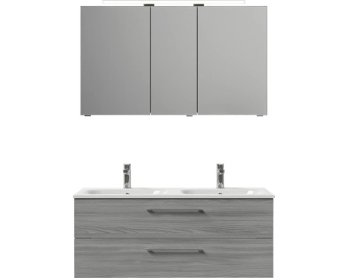 Waschtischunterschrank mit zwei Waschbecken und Spiegelschrank mit drei Türen