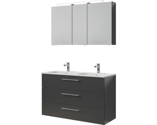 Badmöbel-Set Pelipal Sunline 121 BxHxT 121 x 200 x 46 cm Frontfarbe anthrazit mit Mineralguss-Doppelwaschtisch Waschtischunterschrank 3 Schubkästen und Spiegelschrank mit LED-Beleuchtung Badezimmerset mit Spiegelschrank, Waschbecken und Unterschrank mit drei Schubladen