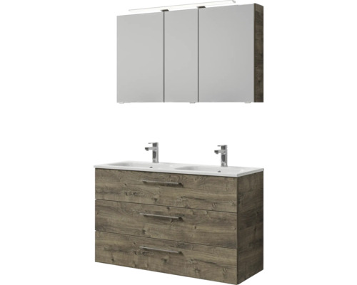 Badmöbel-Set Pelipal Sunline 121 BxHxT 121 x 200 x 46 cm Frontfarbe Eiche ribbeck mit Mineralguss-Doppelwaschtisch Waschtischunterschrank 3 Schubkästen und Spiegelschrank mit LED-Beleuchtung Badezimmermöbel-Set mit Spiegelschrank, Waschbecken und Unterschrank mit Holzdekor