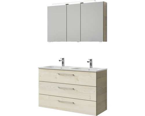 Badmöbel-Set Pelipal Sunline 121 BxHxT 121 x 200 x 46 cm Frontfarbe Polar Pinie mit Mineralguss-Doppelwaschtisch Waschtischunterschrank 3 Schubkästen und Spiegelschrank mit LED-Beleuchtung Badezimmermöbel-Set mit Waschtischunterschrank, Doppelwaschbecken und Spiegelschrank