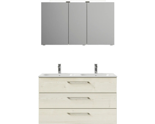 Badezimmer-Set mit Spiegelschrank, Doppelwaschbecken und Unterschrank mit drei Schubladen
