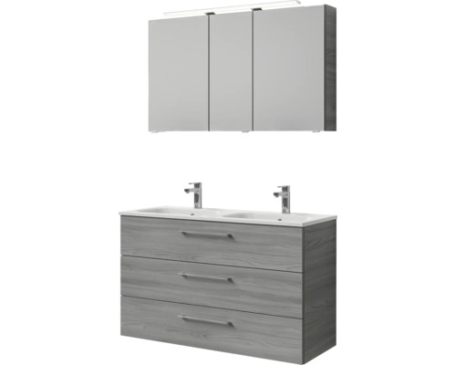 Badmöbel-Set Pelipal Sunline 121 BxHxT 121 x 200 x 46 cm Frontfarbe sangallo grau mit Mineralguss-Doppelwaschtisch Waschtischunterschrank 3 Schubkästen und Spiegelschrank mit LED-Beleuchtung Waschtischkombination mit Spiegelschrank und drei Schubladen