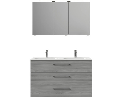 Waschtischunterschrank mit drei Schubladen, Doppelwaschbecken und Spiegelschrank