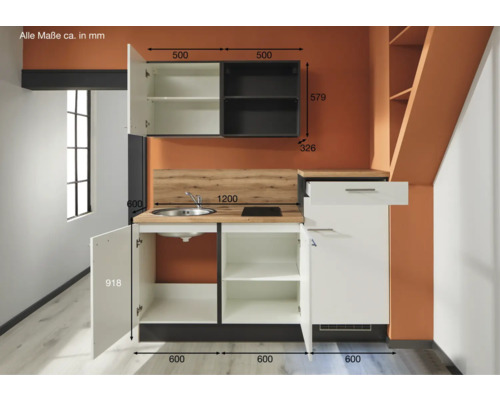 Kompakte Küchenzeile mit Spüle, Kochfeld, Unterschränken und Hängeschränken