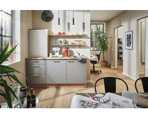 PICCANTE Plus Küchenzeile mit Geräten Marlena 180 cm Frontfarbe achatgrau matt Korpusfarbe evoke eiche montiert