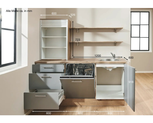 Kompakte Küchenzeile mit Spüle, Geschirrspüler, Schubladen und Regalen zur Kücheneinrichtung