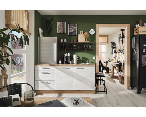 PICCANTE Plus Küchenzeile mit Geräten Casual 180 cm Frontfarbe beton weißgrau matt Korpusfarbe evoke eiche montiert