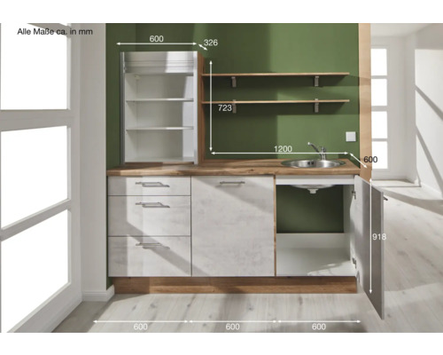 Küchenzeile mit Schränken, Schubladen, Arbeitsplatte und Spüle