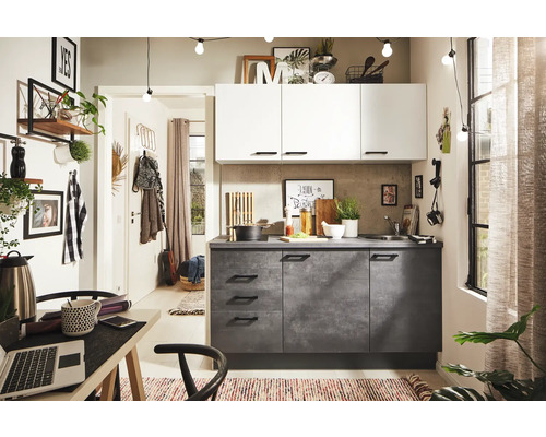 PICCANTE Plus Küchenzeile mit Geräten Casual Sonera 160 cm weiß beton grafitgrau matt vormontiert