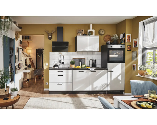 PICCANTE Plus Küchenzeile mit Geräten Pearl 260 cm Frontfarbe steingrau hochglanz Korpusfarbe graphit montiert