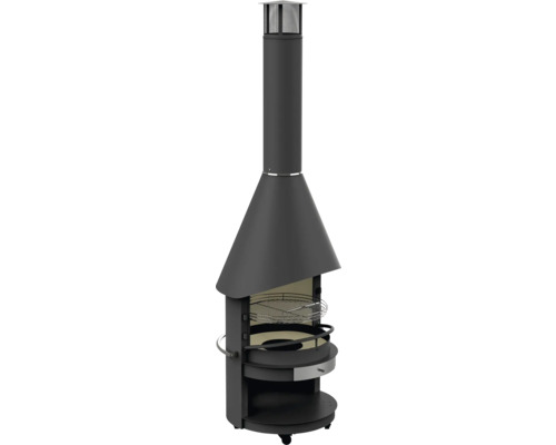 Schwarzer Außengrill mit Grillrost und Ablageflächen