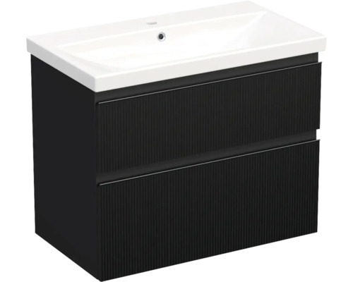 Waschplatz Jungborn TRENTA BxHxT 80x65x45 cm 3D-Streifen-Struktur schwarz mit Keramik-Waschtisch Griffleiste schwarz
