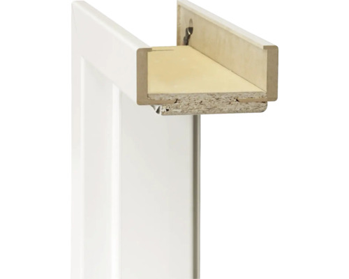 Pertura Komplettzarge Lack Weiß (ähnlich RAL 9010) 198,5x98,5x7,5 cm Rechts Detailansicht einer weißen Türzarge aus Holz