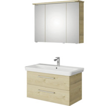 Badmöbel-Set Pelipal Sunline 105 BxHxT 96 x 200 x 48,5 cm Frontfarbe Polar Pinie mit Keramik-Waschtisch Waschtischunterschrank und Spiegelschrank mit LED-Beleuchtung