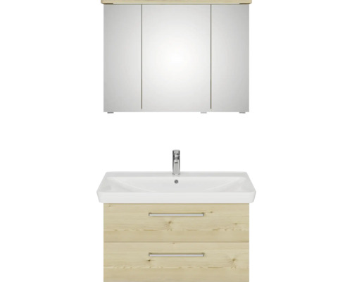 Badmöbel-Set Pelipal Sunline 105 BxHxT 96 x 200 x 48,5 cm Frontfarbe Polar Pinie mit Keramik-Waschtisch Waschtischunterschrank und Spiegelschrank mit LED-Beleuchtung