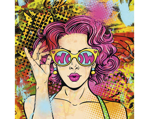 Leinwandbild Wow 27x27 cm Gemälde im Pop-Art-Stil mit Frau und Sonnenbrille