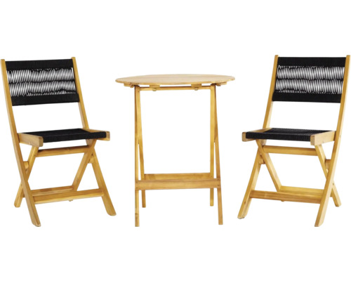 Gartenset bestehend aus Klapptisch und zwei Klappstühlen aus Holz mit schwarzen Seilsitzen