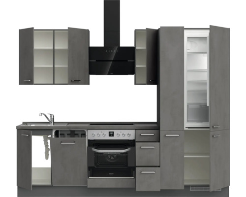 Komplette Küche mit Spüle, Herd, Dunstabzugshaube, Kühl-Gefrierkombination und Ober- und Unterschränken