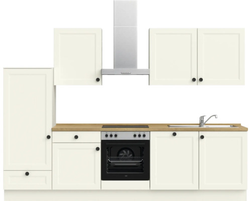 Küchenzeile mit Schränken, Spüle, Herd und Dunstabzugshaube