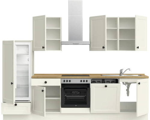 Küchenzeile mit Kühlschrank, Dunstabzugshaube, Spüle, Herd und Ofen