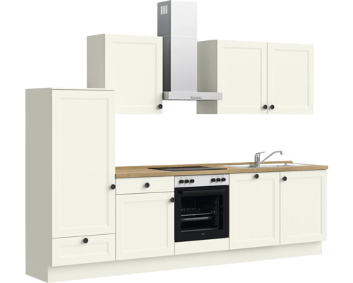 Küchenzeile mit Spüle, Kochfeld, Backofen, Dunstabzugshaube und Schränken