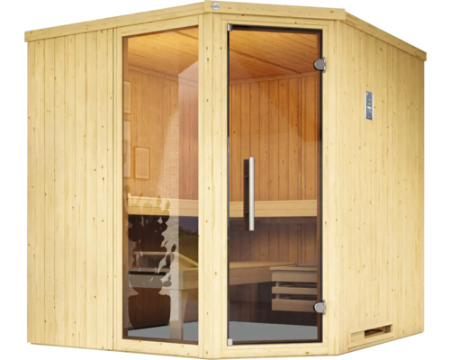 Ecksauna aus Holz mit Glastür und Bedienfeld