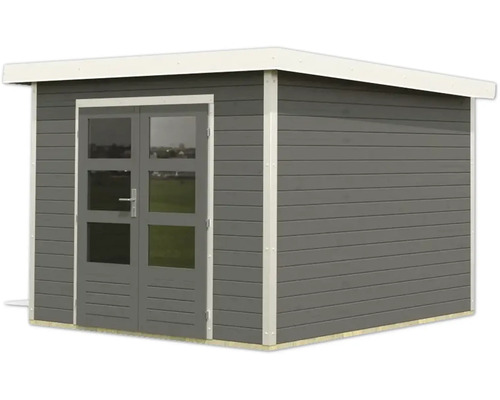 Graues Gartenhaus mit Doppeltür und Fenstern