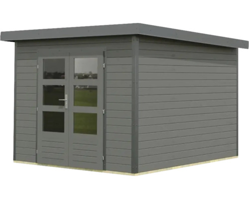 Graues Gartenhaus mit Doppeltür und Fenstern