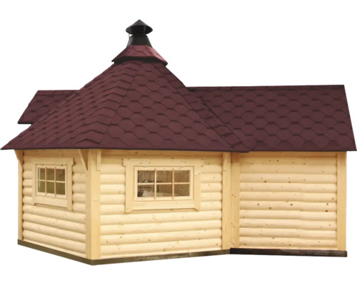 Grillkota Finnhaus 9 de luxe B inkl. Saunaanbau, rote Dachschindeln, Fußboden, Grillanlage 376 x 570 cm natur