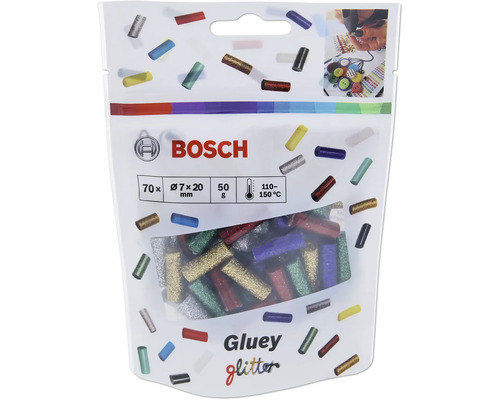 Packung Bosch Gluey Glitzer Klebesticks, 70 Stück, Durchmesser 7 mal 20 Millimeter