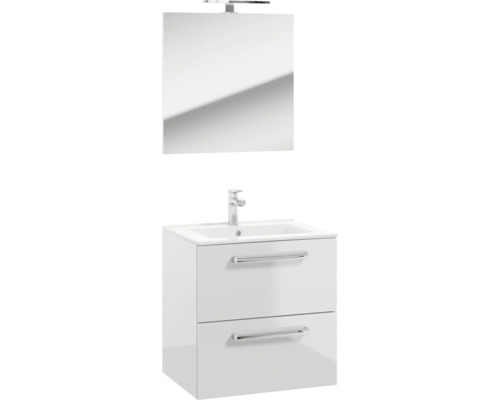 Badmöbel-Set NELSON BxHxT 60 x 200 x 46 cm Frontfarbe weiß hochglanz Badmöbelset 4-teilig mit Keramik-Waschtisch Spiegel und Unterschrank
