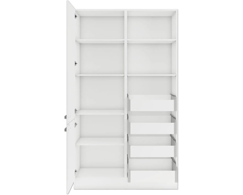 Offener Kleiderschrank mit Regalböden und Schubladen