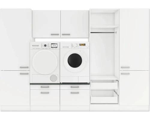 Waschküche mit Waschmaschine, Trockner, Schränken und Schubladen