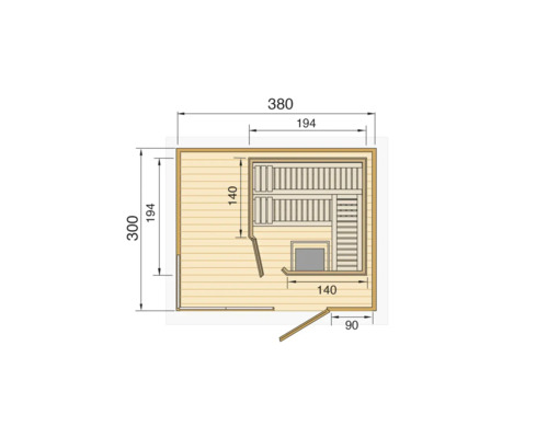 Grundriss einer Sauna mit Maßangaben.