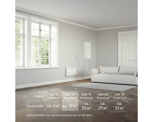 Wohnraum mit Heizkörper, Sofa und Fenster. Information zur Raumgröße des Heizkörpers.