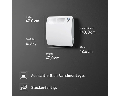 Elektrischer Wandkonvektor mit den Maßen 47,0 cm Höhe, 6,0 kg Gewicht, 47,0 cm Breite, 140,0 cm Kabellänge und 12,6 cm Tiefe.