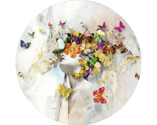 Rundes Wandbild mit Frauengesicht und Schmetterlingen