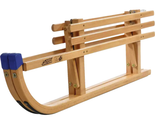 Holzschlitten mit blauen Schutzkappen
