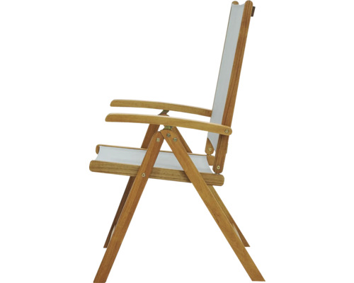 Holzliegestuhl mit Armlehnen und Stoffbezug