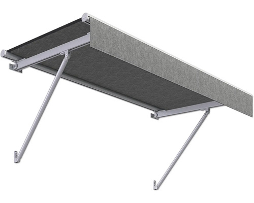 Ausgefahrene Gelenkarmmarkise aus grauem Stoff