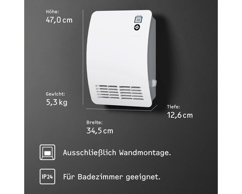 Elektrischer Wandheizkörper mit digitaler Anzeige und Abmessungen